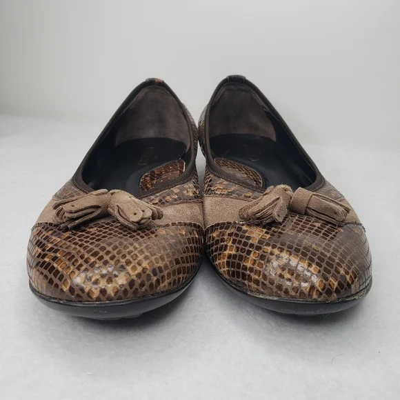 Sesto Meucci Tasseled Brown Leather & Suede Snake Embossed Slip On Flats Sz 8M. - Picture 3 of 10